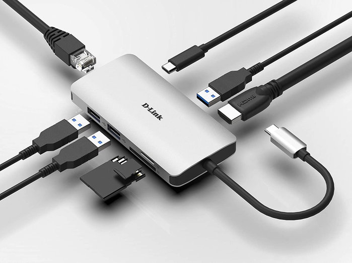 D-Link DUB-M810 Hub USB-C 8 en 1 con HDMI 4K, Ethernet y Lector de Tarjetas, Gris/Plata